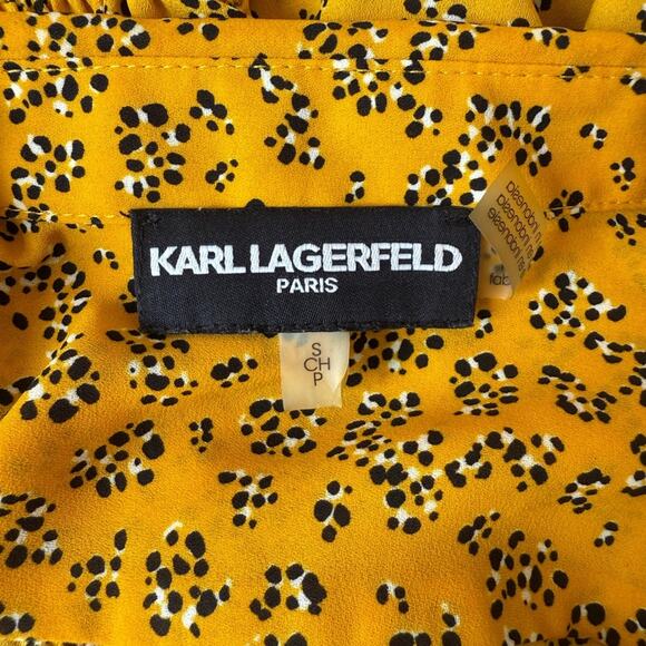 KARL LAGERFELD PARIS YELLOW PATTERN RUFFLE PEARL BUTTON 3/4 SLEEVE BLOUSE SMALL - Picture 8 of 9